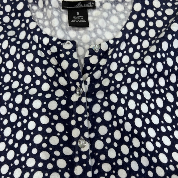 Blue White Polka Dot 3/4 Sleeve Stretchy Cotton Knit Top - Picture 3 of 8